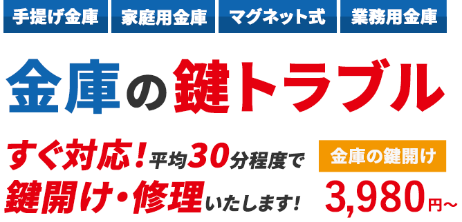 金庫の鍵トラブルすぐ対応！手提げ金庫、家庭用金庫、マグネット式、業務用金庫、平均30分程度で鍵開け・修理いたします。金庫の鍵開け3,980円から。